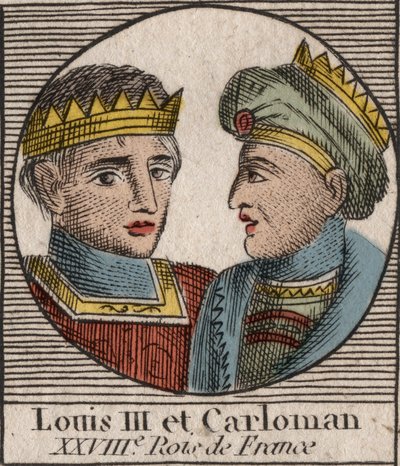 Portretten van Lodewijk III (863/65-882) koning van de Franken tussen 879 en 882 en Carloman II (866-884), koning van de Franken van 879 tot 884 (gravure uit 