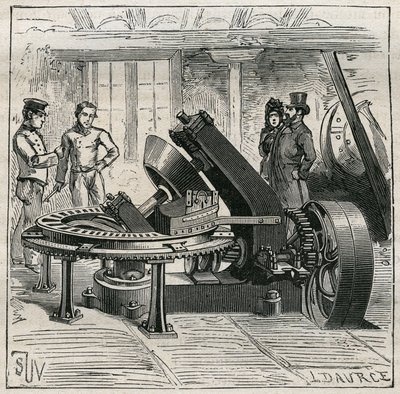 Aardewerk: Fleury-machine gebruikt voor het mechanisch vormen van bakstenen. Gravure uit 1885 in “Les arts et métiers illustrés” door Adolphe BITARD door Unknown artist