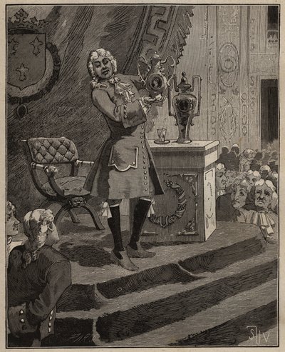 Pottenbakkerij: Pierre Joseph Macquer (1718-1784) presenteert aan de Academie het eerste harde porselein gemaakt in Frankrijk door de fabriek van Sèvres in 1769. Gravure uit 1885 in 