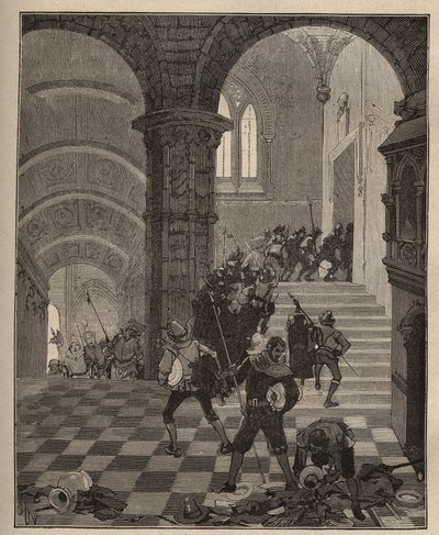 Aardewerk: vernietiging van de “Henri II” fabriek tijdens de plundering van het kasteel van Oiron (Deux Sèvres) in 1568 tijdens de Liga. Gravure uit 1885 in “Les arts et métiers illustrés” door Adolphe BITARD door Unknown artist
