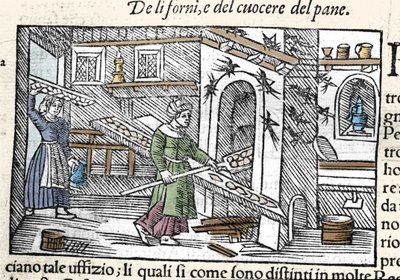 Voorbereiding en bakken van brood in een oven. Gravure door Olaus Magnus (1490-1557), Zweedse geestelijke en geograaf, 