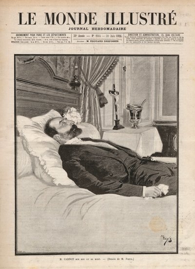 President van de republiek Sadi Carnot (1837-1894) op zijn sterfbed, hij werd vermoord op 24 juni op de tentoonstelling van Lyon, door Sante Caserio (1873-1894) - Gravure in 