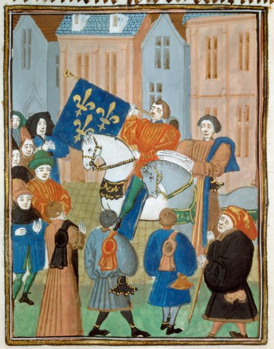 Proclamatie van Vrede in Reims op 2 oktober 1435 na de ondertekening van het Verdrag van Arras tussen koning Karel VII en de hertog van Bourgondië Filips III de Goede, waarmee een einde kwam aan de burgeroorlog tussen de Armagnacs en de Bourgondiërs. Minia door Unknown artist