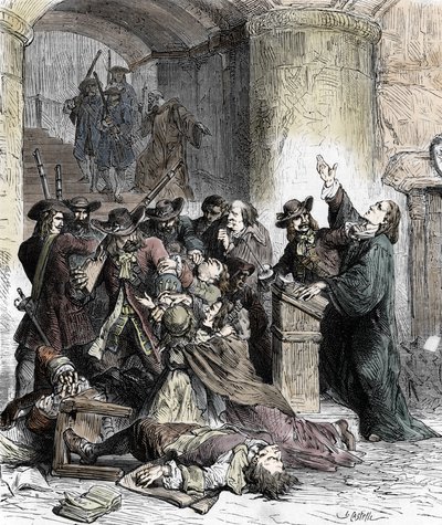 Verbod op preken en arrestatie van protestanten na de herroeping van het Edict van Nantes (dragonnades onder Lodewijk XIV (1681-1686): katholieke soldaten (draken) vermoorden de protestanten. 19e eeuw (gravure) door Unknown artist