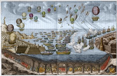 Aanvalsplan tegen Engeland in 1803 door Napoleon I - Franse troepen lopen door de Kanaaltunnel terwijl schepen en ballonnen aanvallen via zee en lucht - Gravure uit 1803 door Unknown artist