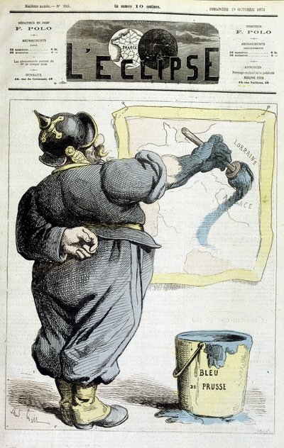 Pruisische soldaat die de grenzen van Elzas-Lotharingen trekt naar het blauw van Pruisen (Verwijzing naar de annexatie van de regio door de Oorlog van 1870) - in L