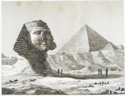 Piramides van Gizeh: uitzicht op de Sfinx en de Grote Piramide, genomen vanuit het zuidoosten - in "Description of Egypt", keizerlijke edities door Unknown artist