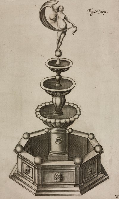 Pyrotechnische fontein die vuurwerksysteem binnenin verbergt, gravure uit Grand Art d