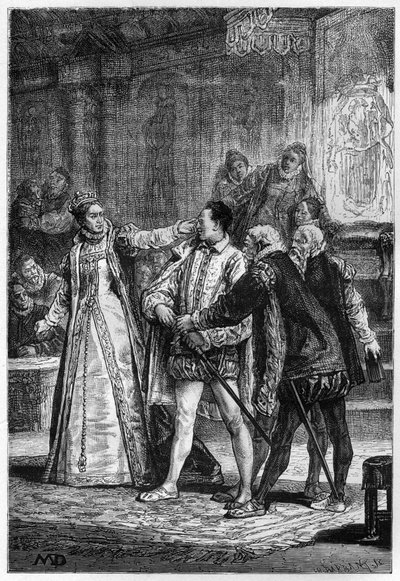 Koningin Elizabeth I van Engeland slaat de 2e graaf van Essex Robert Devereux door Unknown artist