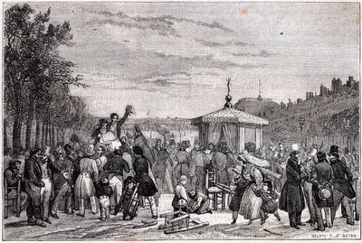 Lezing van de voorschriften gepubliceerd in de krant Moniteur in de tuinen van het Koninklijk Paleis in Parijs op 26 juli 1830 tijdens de burgeroorlog - Revolutie 1830 - Lecture des prescriptions dans Le Moniteur, au jardin du Palais-Royal, le 26 juillet 1 door Unknown