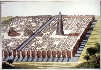 Gereconstrueerd zicht op de oude stad Babylon, met de omheining, de hangende tuinen en de ziggurat. door Unknown artist
