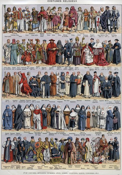 Religieuze klederdracht - van de Oudheid tot de 20e eeuw - Rooms-katholieke kerk en andere religies - Religieus - Plaat du Larousse universeel rond 1920 door Unknown Artist