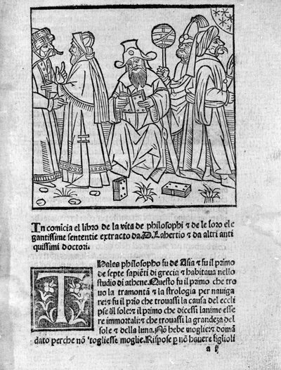 Voorstelling van Diogene Laerce (midden) omringd door verschillende denkers en filosofen. Pagina uit Levens, doctrines en uitspraken van beroemde filosofen door dichter en historicus Diogene Laerce, 1495 door Unknown artist