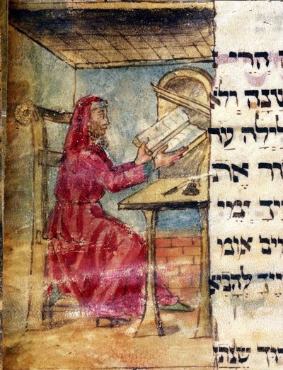Voorstelling van een rabbijn die de heilige geschriften bestudeert. Miniatuur uit het 15e-eeuwse manuscript. Biblioteca Estense Modena door Unknown artist