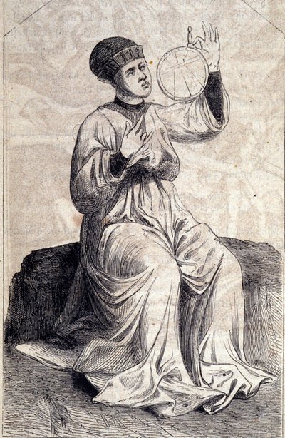 Voorstelling van een astroloog die een astrolabium gebruikt in de 15e eeuw. Gravure uit 