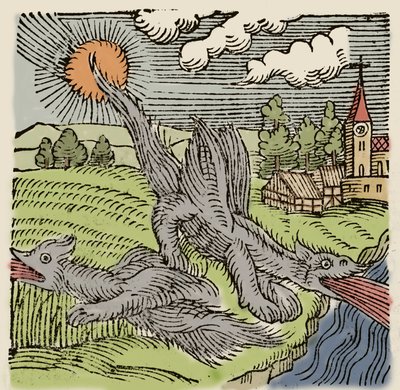 Voorstelling van basilieken in vlucht die tarwevelden verbranden. Gravure uit 
