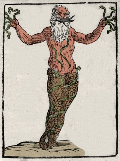 Weergave van de Griekse godheid Typhoon (of Typhee). Gravure uit 