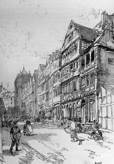 Voorstelling van de Joodse Straat in Frankfurt, geboorteplaats van de familie Rothschild. Gravure in 