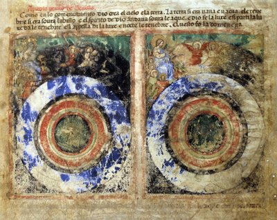 Voorstelling van de schepping van de wereld. Genesis. Miniatuur uit codex 212 (of padovano codex of Bijbel van Padua) 1390-1400 Rovigo, Accademia dei Concordi door Unknown artist