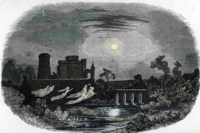 Geesten van de oude heren van Blandy rond de muren van het kasteel, Blandy-les-Tours, Seine en Marne, gravure uit 