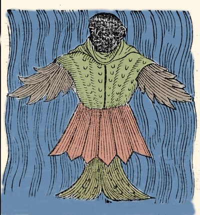 Voorstelling van de zeemonnik, denkbeeldige vis en marien monster. Gravure uit 