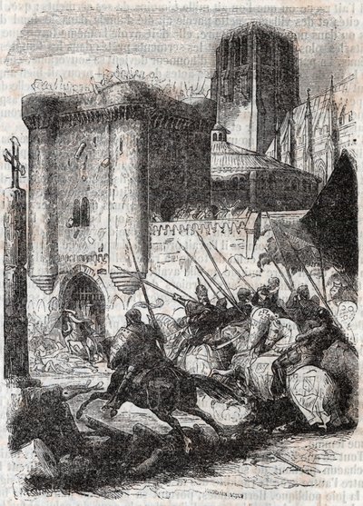 Rodomont breekt de deuren van het Palais in Parijs - gravure uit 1851 van 