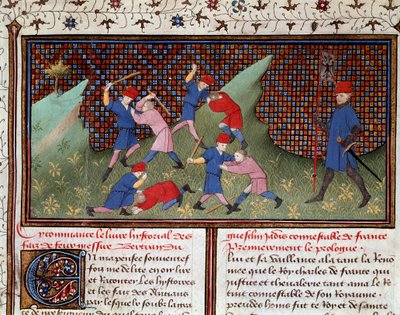 Roman van Ogier de Deen: het gevecht met de hand en met de stok. Miniatuur uit 