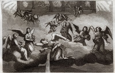 Royaumont Bijbel, Nieuwe Testament: Draak van de Openbaring. Zeven engelen gieten de inhoud van hun beker, symbool van Gods toorn, op aarde. Illustratie uit 1811. door Unknown artist