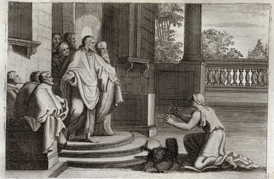 Royaumont Bijbel, Nieuwe Testament: Jezus Christus en de vrouw van Kanaän. Een boerin vraagt de Heer om hulp om haar dochter te genezen. Christus antwoordde haar: 
