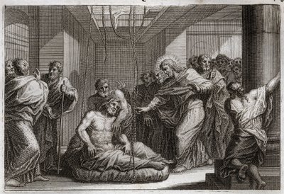 Royaumont Bijbel, Nieuwe Testament: Verlamde. Jezus Christus roept Sint Matteüs en geneest een verlamde in Kafarnaüm. Illustratie uit 1811. door Unknown artist
