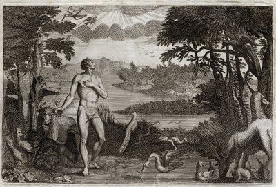 Bijbel van Royaumont, Oude Testament: Schepping van man en vrouw. God die de mens schiep, plaatst hem in het aardse paradijs en verbiedt hem van de vrucht van de boom van kennis van goed en kwaad te eten. Illustratie uit 1811 door Unknown artist