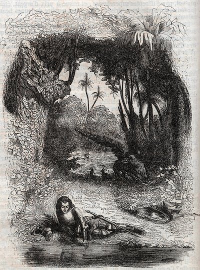 Ruggiero op het eiland van Alcina, - 1851 gravure uit het gedicht Orlando furioso (1516) door Ludovico Ariosto, - Editie vertaald uit het Italiaans door de Graaf van Tressan en uitgegeven door Gustave Harvard 1851 door Unknown artist