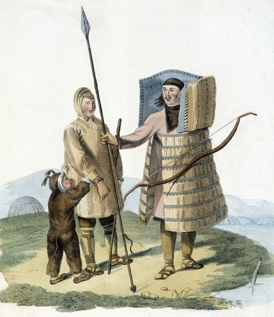 Russische man in een jachtpak met zijn vrouw en kind door Unknown artist