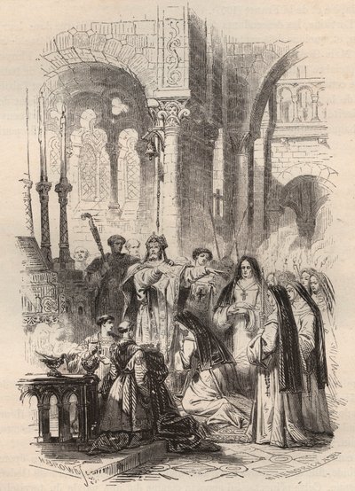 Zeiltocht van Sint Cunegonde van Luxemburg (ca. 975-1033/1039) in 1024, overgedragen door de bisschop van Paderborn Meinwerk (ca. 975-1036) in de Benedictijnse Abdij van Kaufungen in Duitsland. Gravure uit 1868 in 
