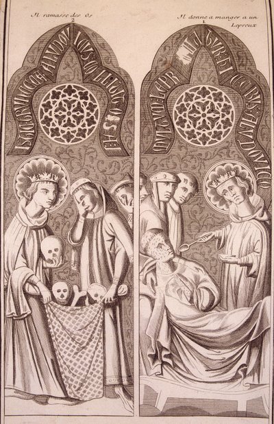 Saint Louis raapt botten op en geeft melaatsen voedsel door Unknown artist