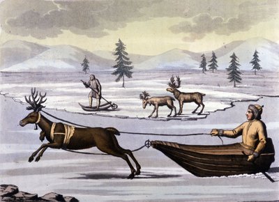 Sami-volk: inheemse mensen die in de landen van de noordelijke landen (Noorwegen, Finland, Zweden en Rusland) wonen, verplaatsen zich per rendierslee of op ski