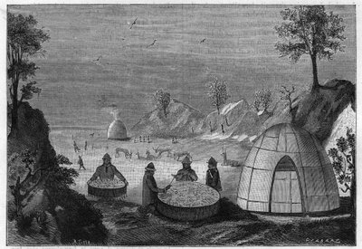 Sami-tovenaar die de toekomst voorspelt met behulp van een magische trommel. Gravure uit 1885. door Unknown artist