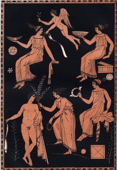 Scène van inwijding in de cultus van de mysteriën van Eleusis - cultus van Demeter en Persephone in Eleusis in het oude Griekenland - gravure uit 