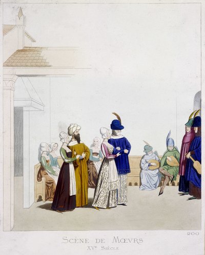 Scène van zeden: Carnavalscène - gebaseerd op een Italiaans manuscript uit de 15e eeuw, Arts Deco door Unknown artist