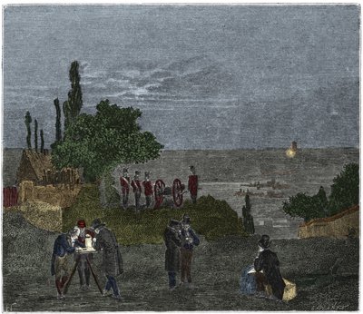 Wetenschappelijk experiment: de berekening van de geluidssnelheid, door Humboldt, Louis-Joseph Gay-Lussac, Bouvard, Prony en Mathieu, die de tijd bepalen tussen de waarneming van licht en die van een geweerschot, in de nacht door Unknown artist