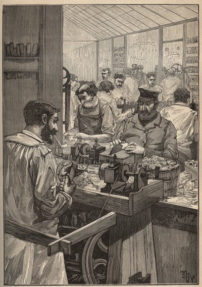 Zeeschuim: vervaardiging van zeeschuimpijpen. Gravure uit 1885 in 