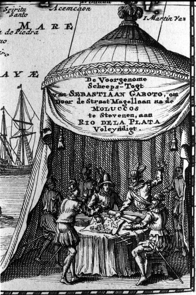 Sebastiano Caboto (Sebastien Cabot) afgebeeld op de cartridge van een navigatiekaart met andere navigators. Begin van de 17e eeuw door Unknown artist