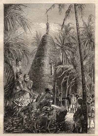 Tweede reis (1772-1775) door kapitein James Cook (1728-1779): traditionele ronde huis, op het dak van een aanzienlijke hoogte (Nieuw-Caledonië) - illustratie uit 
