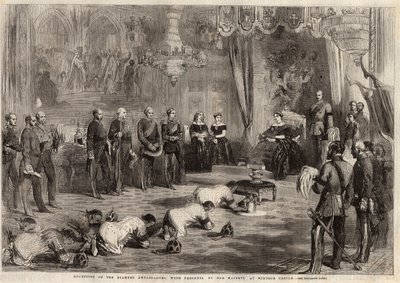 Siamese ambassadeurs kropen naar koningin Victoria I (1819-1901) en prins Albert (1819-1861) tijdens hun bezoek aan Windsor Castle. Gravure in 