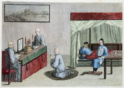 Zieke man in bed en gebed van monniken - China door Unknown artist