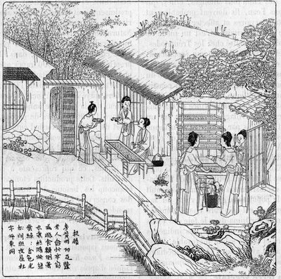 Zijde en zijderups in China: Scheiding van de rups die wil spinnen. Gravure in 