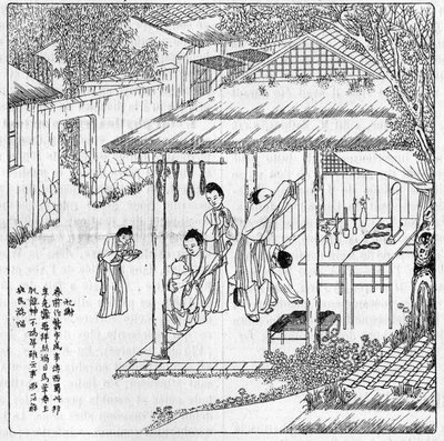 Zijde en zijderups in China: dankzij de godin van de zijde. Gravure in 