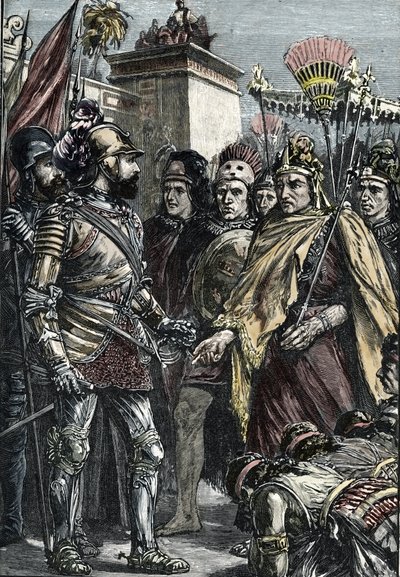 Spaanse verovering van Mexico: ontmoeting tussen Hernan Cortes en Montezuma II in 1519 door Unknown artist