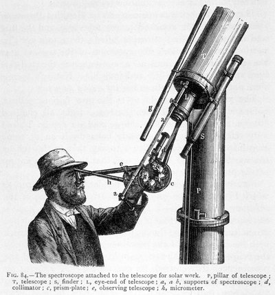 Spectroscoop naast telescoop voor observatie van de zon door Unknown artist