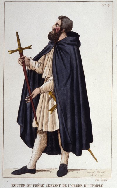 Schildknaap of broeder dienend in de Orde van de Tempel. Gravure uit 1830 door Unknown artist
